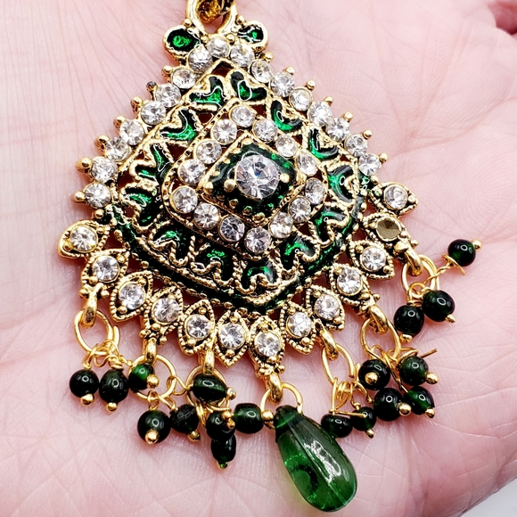 3 PC set Indian bohemian wedding kundan gold emerald jadau earrings necklace set - Picture 3 of 16